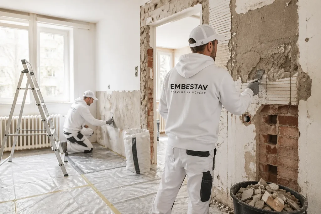 Řemeslníci provádějící bourací práce a demolici staré cihlové příčky v interiéru