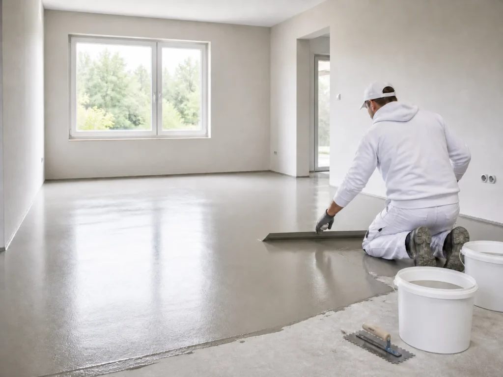 Podlahář při odborné instalaci a pokládce plovoucí podlahy v interiéru.