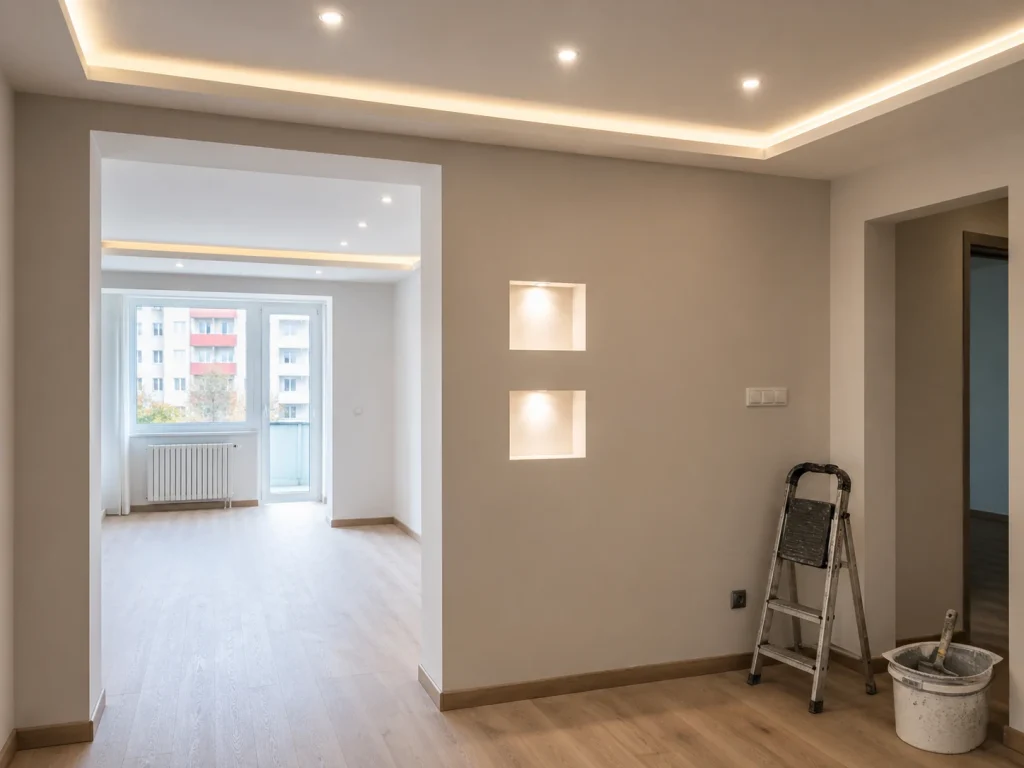 Nově zrekonstruovaný interiér s designovým sádrokartonovým podhledem, bodovým a LED osvětlením. Ve stěně jsou vytvořeny moderní svítící sádrokartonové niky.